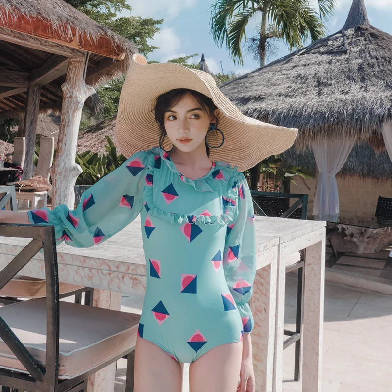 

Push Up Swimsuit Ra Swimming Suit Closed Female One Piece Swimwear Women Korea Pure Sexy Long Sleeve Spandex Print
