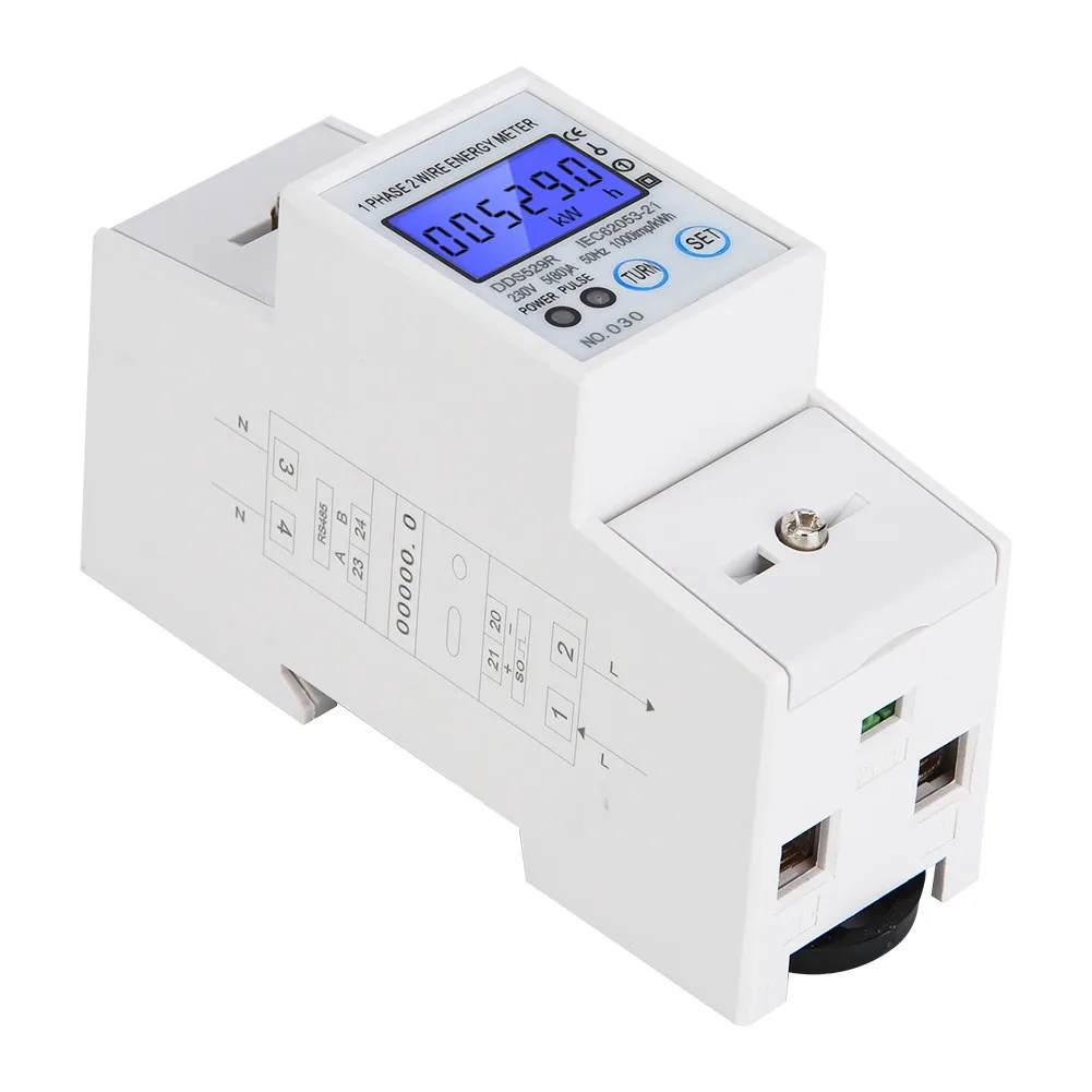 Однофазный измеритель электрической энергии с ЖК-дисплеем, интеллектуальный цифровой дисплей 230V 2P din-рейка, измеритель мощности с RS485 DDS529R