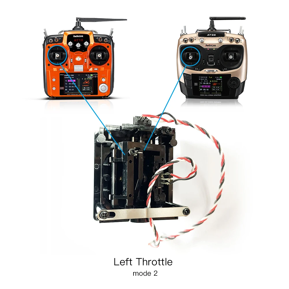 Vue de côté du joystick de gaz à retour ressort Radiolink pour émetteur RC AT9, AT10, T8FB montrant le mécanisme.
