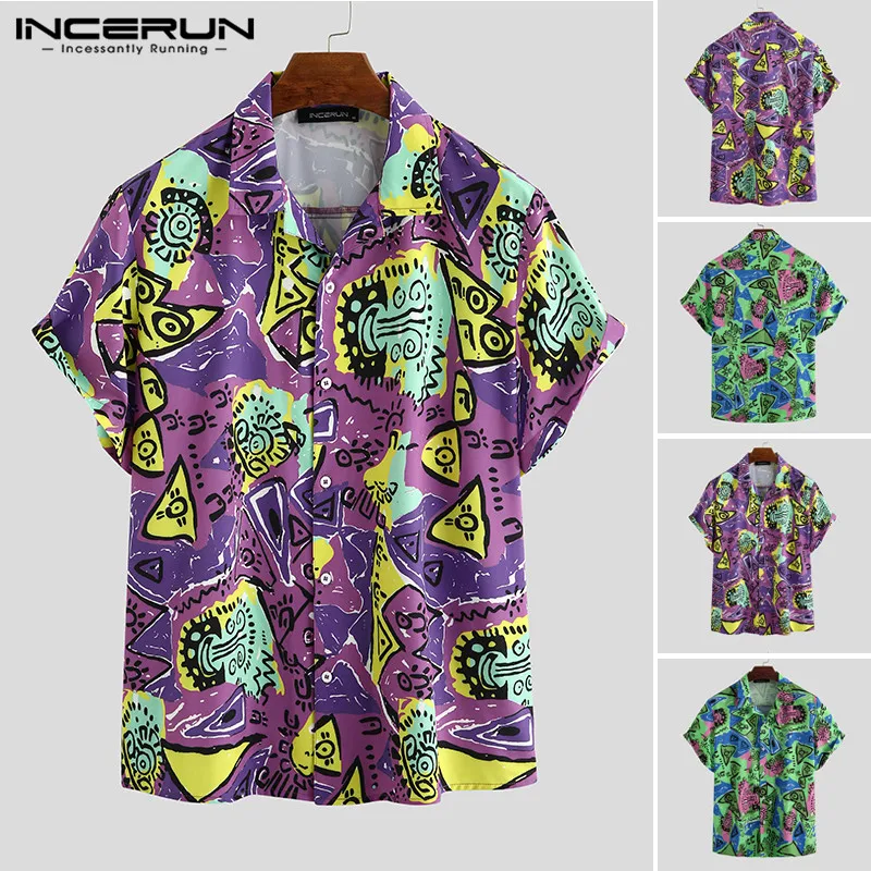 

2020 Summer Men Printed Shirt Short Sleeve Turn Down Collar Shirt Men Casual Button Floral Blouse Fashion Unisex Streetwear Tops