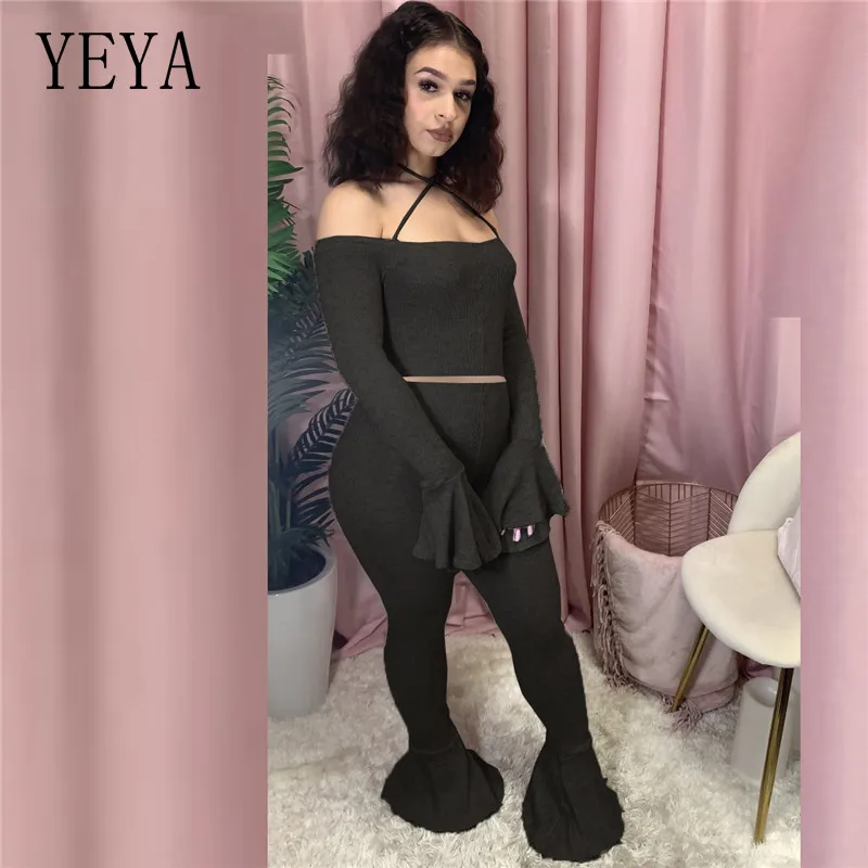 

YEYA Off Shoulder Two Piece Set Stretchy Casual Tracksuit Flare Sleeve Skinny Tops and Bell Bottom Legging Pants Matching Set
