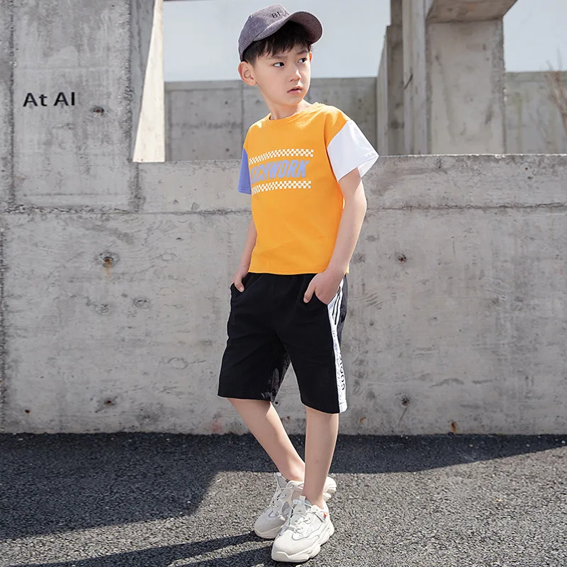 

Childrenswear Boys' Short-sleeved Suit Summer Wear 2019 New Style Children Big Boy Lettered Two-Piece Set Hip Hop shuai yang Gas
