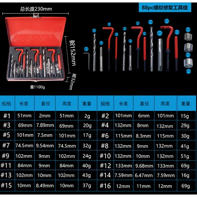 88 шт. Набор для ремонта резьбы Recoil Insert сверлильный кран инструменты для гаража автомобиля M6 X 1-M8X1,25-M10X1,5