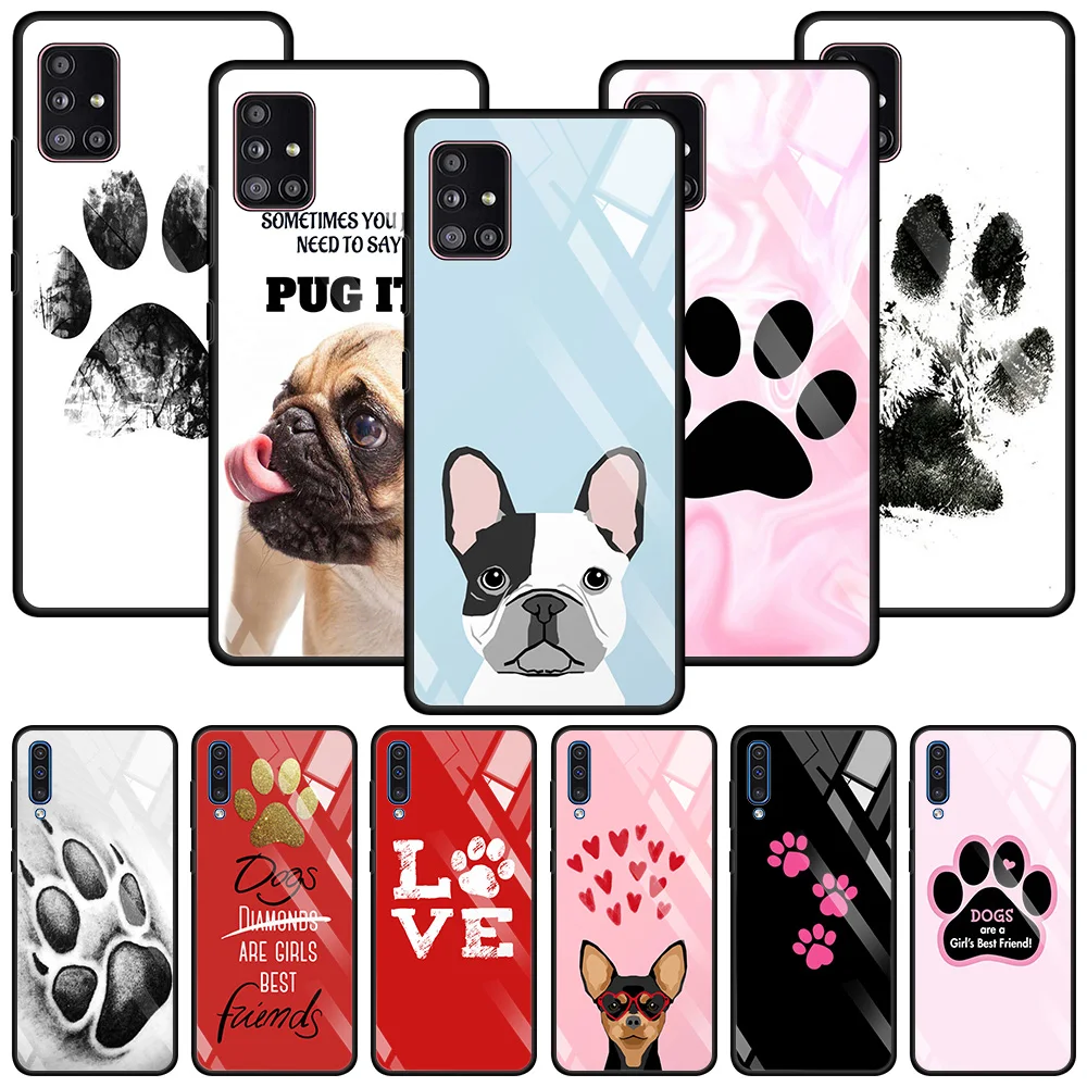 Tempered Glass Case For Samsung Galaxy A51 A71 A21s A31 A72 A52 A21 EU A41 A91 A81 A11 A01 Caso Dogs are best friends Dog paw | Мобильные