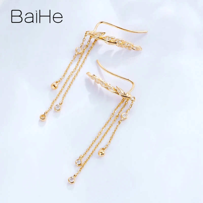 BAIHE, 18 K, желтое золото, 0.14ct H/SI, круглые, с натуральными бриллиантами, свадебный подарок, хорошее ювелирное изделие, серьги-гвоздики из перьев и проволоки