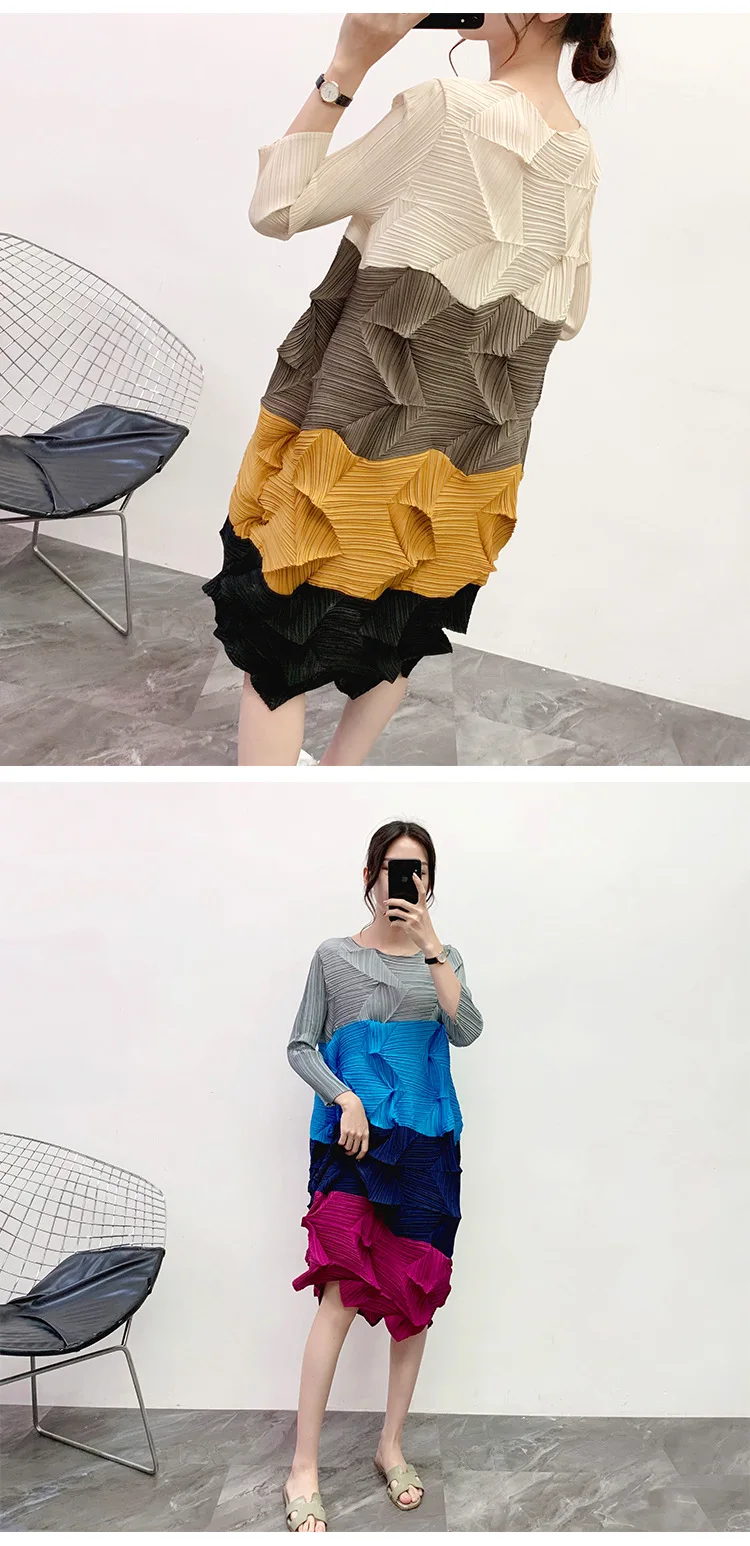 Женское платье размера плюс 45-75 кг, эластичное плиссированное платье Miyake, осень и зима, Новое цветное лоскутное свободное платье миди с круглым вырезом