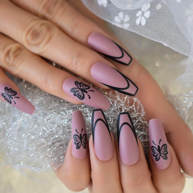 Long STILETTO False Nails Pre-designed Curved Pink Marble Press On Nails including glue sticker