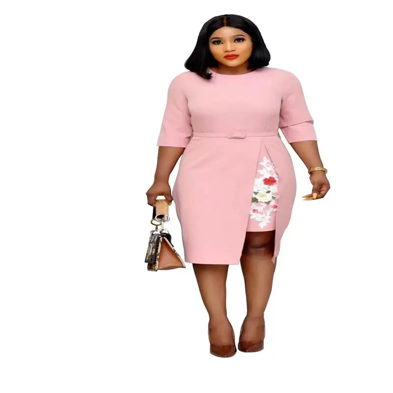 Office Lady Floral Printed Slim Knee-Length Dress Streetwear Women O Neck Three Quarter Sleeve Sashes Irregular Vestidos AM369G