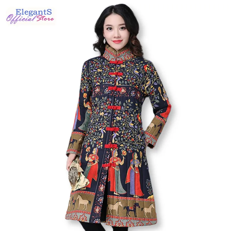

Women Long Jackets and Coats Ethnic Print Stand Collar Fashion Casual Overcoat Autumn Winter Windbreaker Plus Size 4XL XXXL 2019