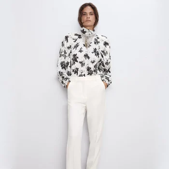 

ZA Women's Flower Print Shirt Stand Collar Double Drape Chiffon Ink Dyed Top Shirt Fluffy Long Sleeve with Pleated Cuffs