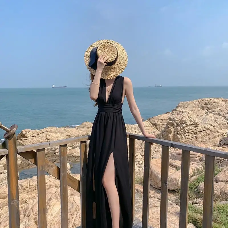 2021 summer women's dress black sexy thin backless dress seaside vacation beach skirt long skirt fairy