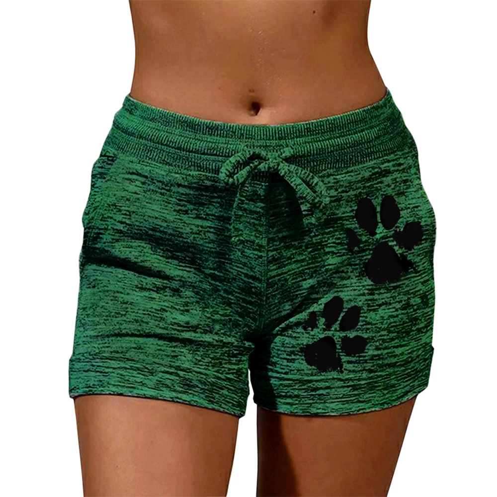 New Summer Fast Drying Drawstring Cat Paw Print Shorts Lace Up High Waist Elastic Cotton Short Women Beach Casual Sport Shorts