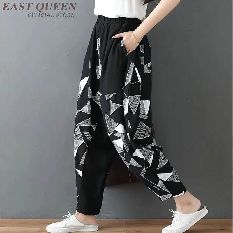 Online Chinese Store Harem Pants Loose Casual Female Bottoms Print Hip Hop Elastic Waist Cotton Linen Trousers Women TA1772