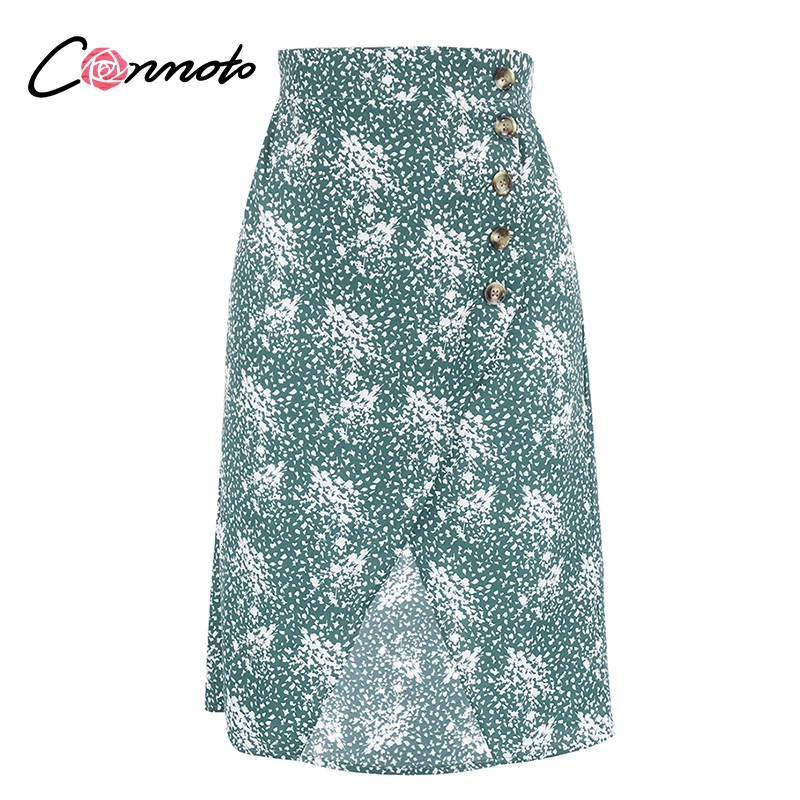 Conmoto boho пляжные повседневные летние женские юбки, желтые женские юбки средней длины на пуговицах с высокой талией, Женская юбка с разрезом размера плюс - Цвет: Зеленый