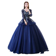 Военно-морской флот голубое праздничное платье аппликации с длинными рукавами, с кружевными цветами сексуальный v-образный вырез пол Длина на шнуровке сладкий 15 16 платья для выпускного бала