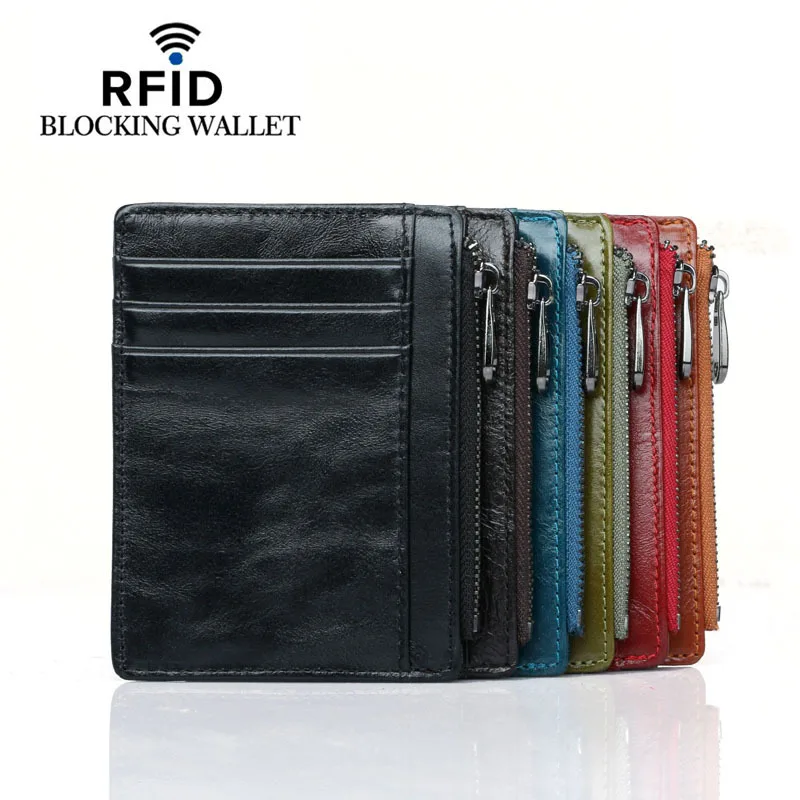 

New Men Genuine Leather Zipper Slim Wallet Coin Purse Credit Card Cash Holder Case RFID Blocking Cowhide Luxury Wallet Cards Bag