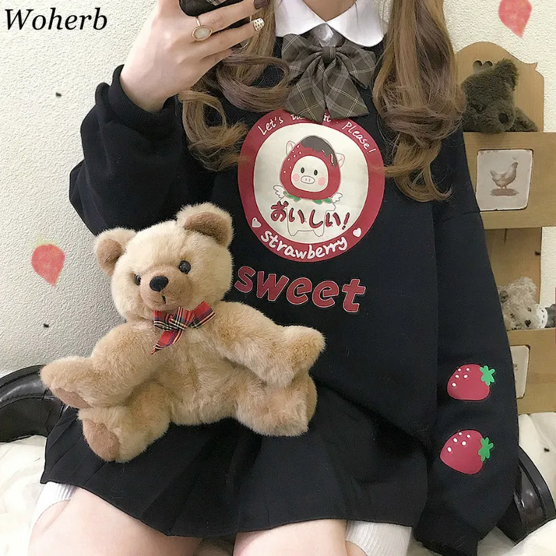  Woherb 2020 Korean Women Lolita Hoodies Japanese Harajuku Cartoon Graphic Print Firls Black Sweatsh