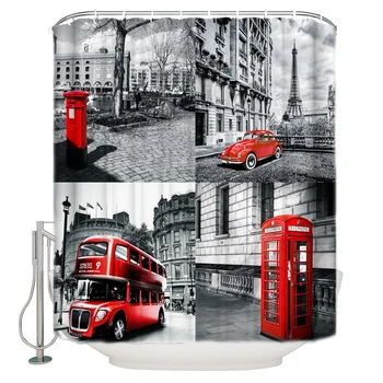 

Shower Curtain Waterproof Polyester With 12 Hooks Bus Vintage Car Telephone Booth Mailbox London Red Local Color Street