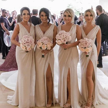 

V Neck Sleeveless Front Slit Ruffled Mermaid Cheap Bridesmaid Dress Long