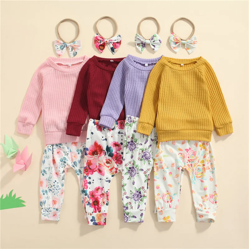 

Baby Girls Spring Fall Clothes Set, Solid Color Long Sleeve O-neck Tops+Floral Print Trousers+Bow-knot Headband, 0-24Months