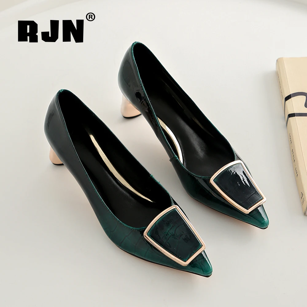 

RJN Casual Women Pumps Fashion Pointed Toe Strange Heel High Metal Decoration Shallow New Shoes Patent Leather Mature Pumps RO78