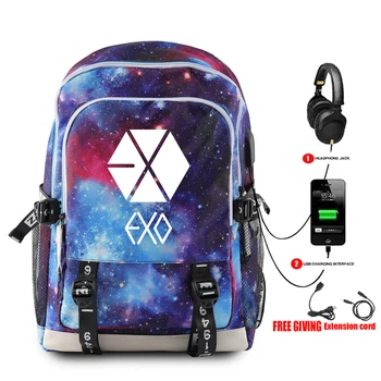 

Kpop EXO 3D Starry Sky Backpack Multifunction USB Charging Travel Bag For Teenagers EXO Member Name Fans Support Canvas Bag