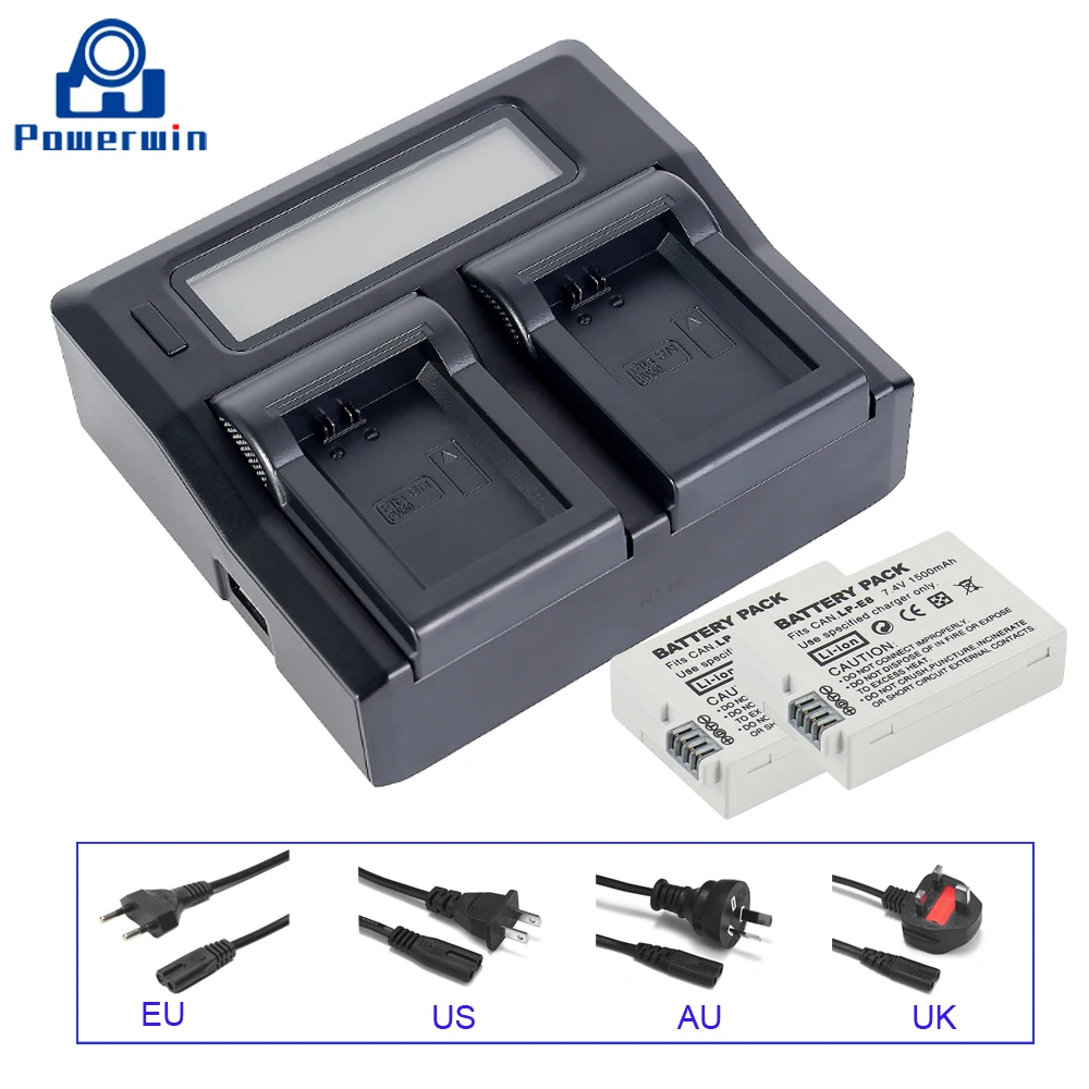 Powerwin 3 шт 1500mAh 7 4 V LP E8 LPE8 батарея для камеры EU/AU/US/UK lcd двойное зарядное устройство