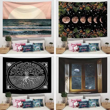 

Tapestry Wall Hanging Polyester Moon Star Tapestry Home Decor Wall Hanging Mountain River Ink Painting Planet Blanket 95x73cm