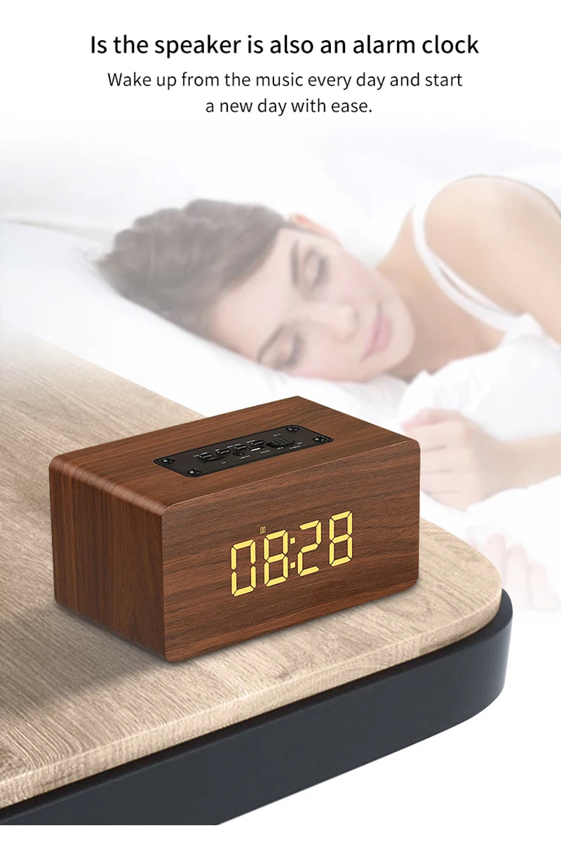 Деревянный беспроводной Bluetooth динамик HiFi шок бас цифровой будильник бас динамик Портативный Handfree Поддержка TF карта FM с микрофоном