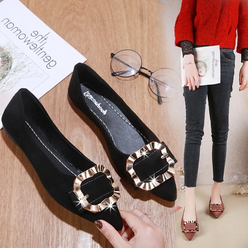 

Shoes Women's Flat Pointed 2019 New Style Spring Korean-style Metal Buckle Low-Cut Versatile Soft-Soled Shoes Students Side Scoo
