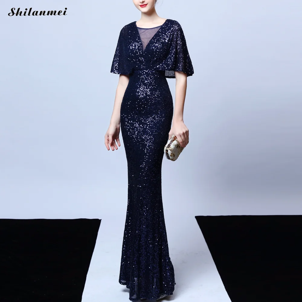 purplish blue Винтажное вечернее платье с пайетками, женское сексуальное длинное платье с оборками и рукавами-годе, женское тонкое элегантное платье макси Vestidos - Цвет: purplish blue