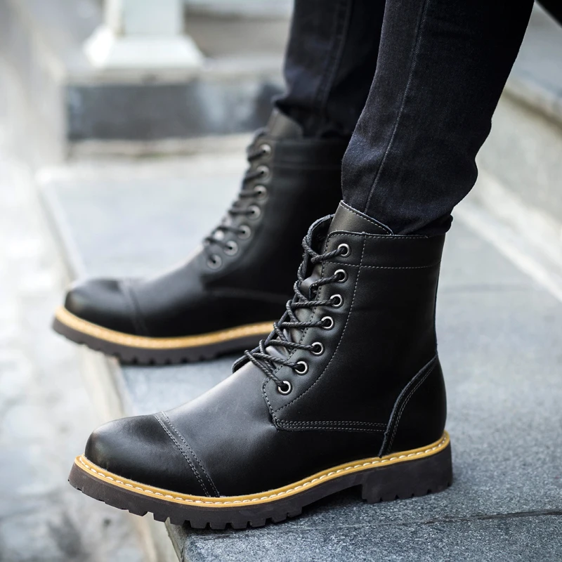 

HAROGATH British Style Mid-Calf Martin Man Boots Genuine Leather Lace-Up Higt Top Shoes Men Winter Shoes With Fur Laarzen Dames