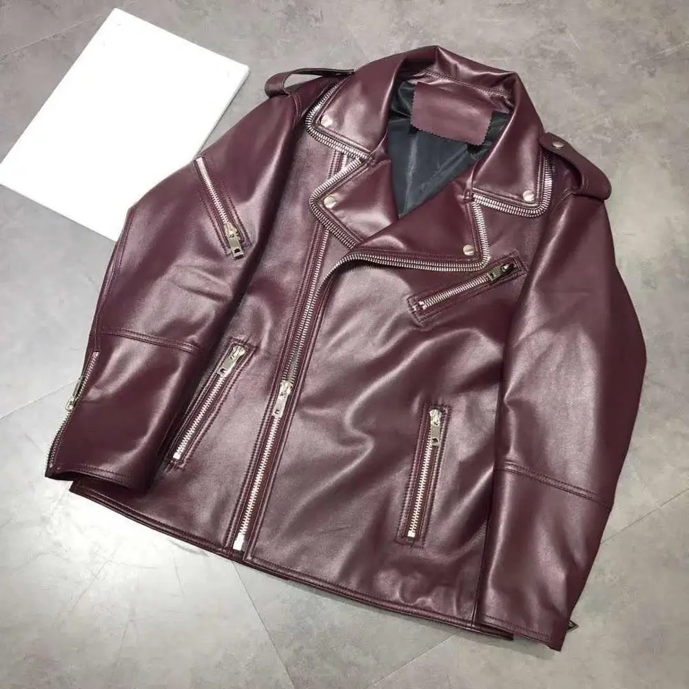 New brand genuine leather jacket wine red women spring coat moto &amp biker style outerwear suede sheepskin coats slim clothes | Женская