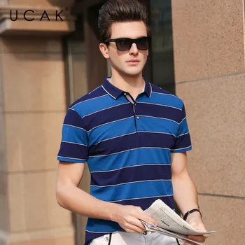 

UCAK Brand T-Shirts Mens Casual Turn-down Collar T Shirt Summer New Arrival Striped Tshirt Fashion Streetwear Clothes Tops U5160