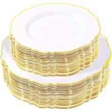 Vajilla desechable de 7,5 pulgadas y 10,25 pulgadas, bandeja de plástico barroca blanca y dorada, suministros para fiesta de boda, 20 piezas