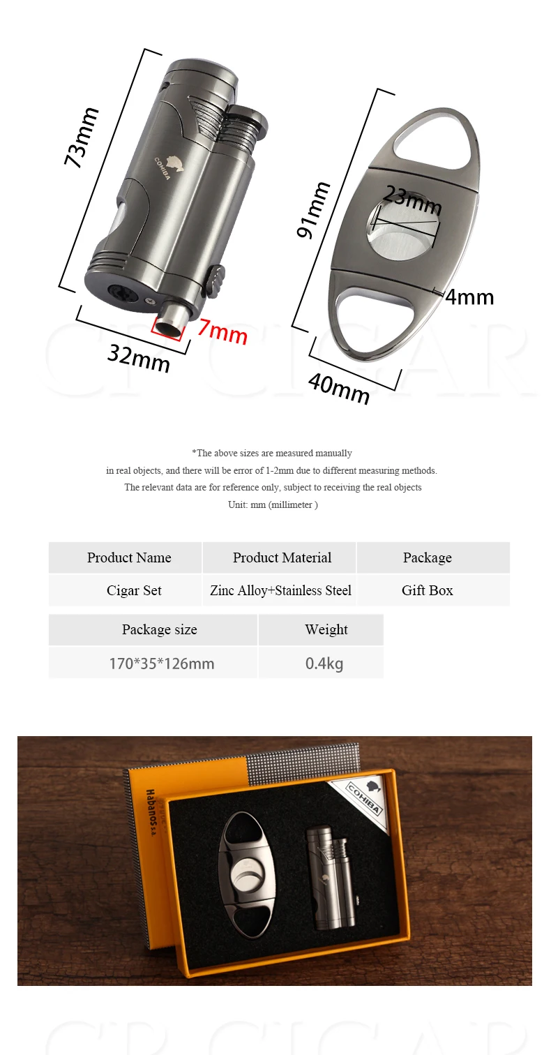COHIBA металлический резак для Сигар Зажигалка Набор ветрозащитный газ 2 струйный фонарь зажигалки для сигар бутан карманный Каттер для сигар острый удар сигар
