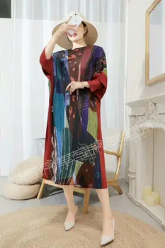 

HOT SELLING Miyake fashion fold slash neck three quarter sleeve print loose pleated dress IN STOCK