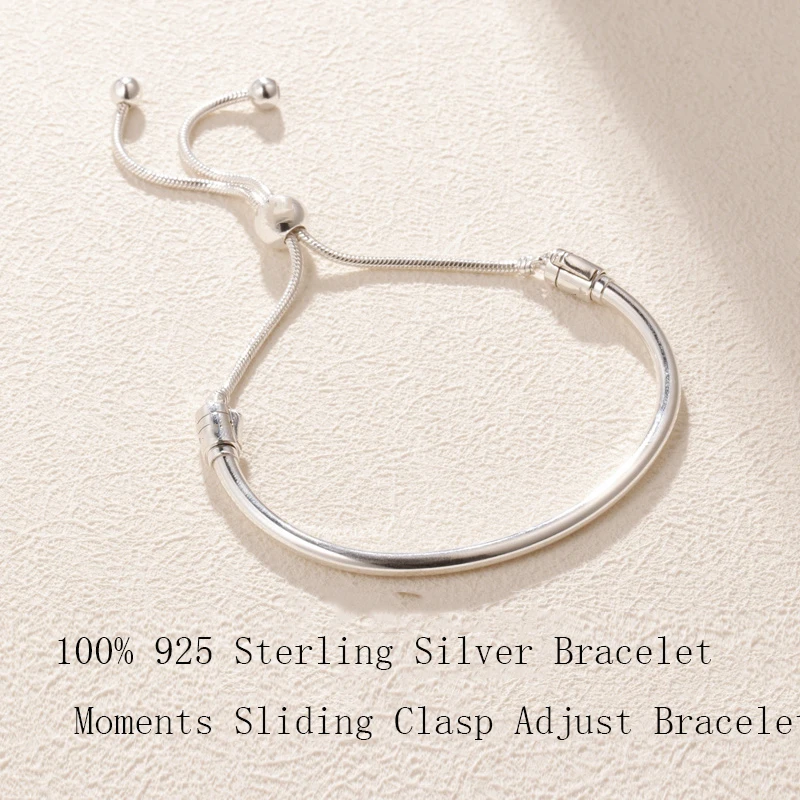 

925 Sterling Silver Bracelet Moments Sliding Clasp Adjust Bracelet Bangle Fit for Women Bracelet DIY Jewelry