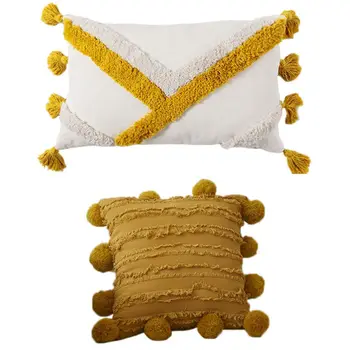 

2 Pcs Solid Cushion Cover Floral Tassels Square Pillow Case White Yellow Grey Pillow Cover Pompom Yellow