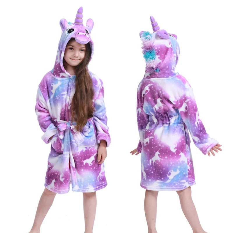Осенне-зимняя детская одежда для сна, фланелевый Халат с единорогом и капюшоном для мальчиков и девочек, подростковые пижамы кигуруми с животными для детей - Цвет: Purple  Pegasus