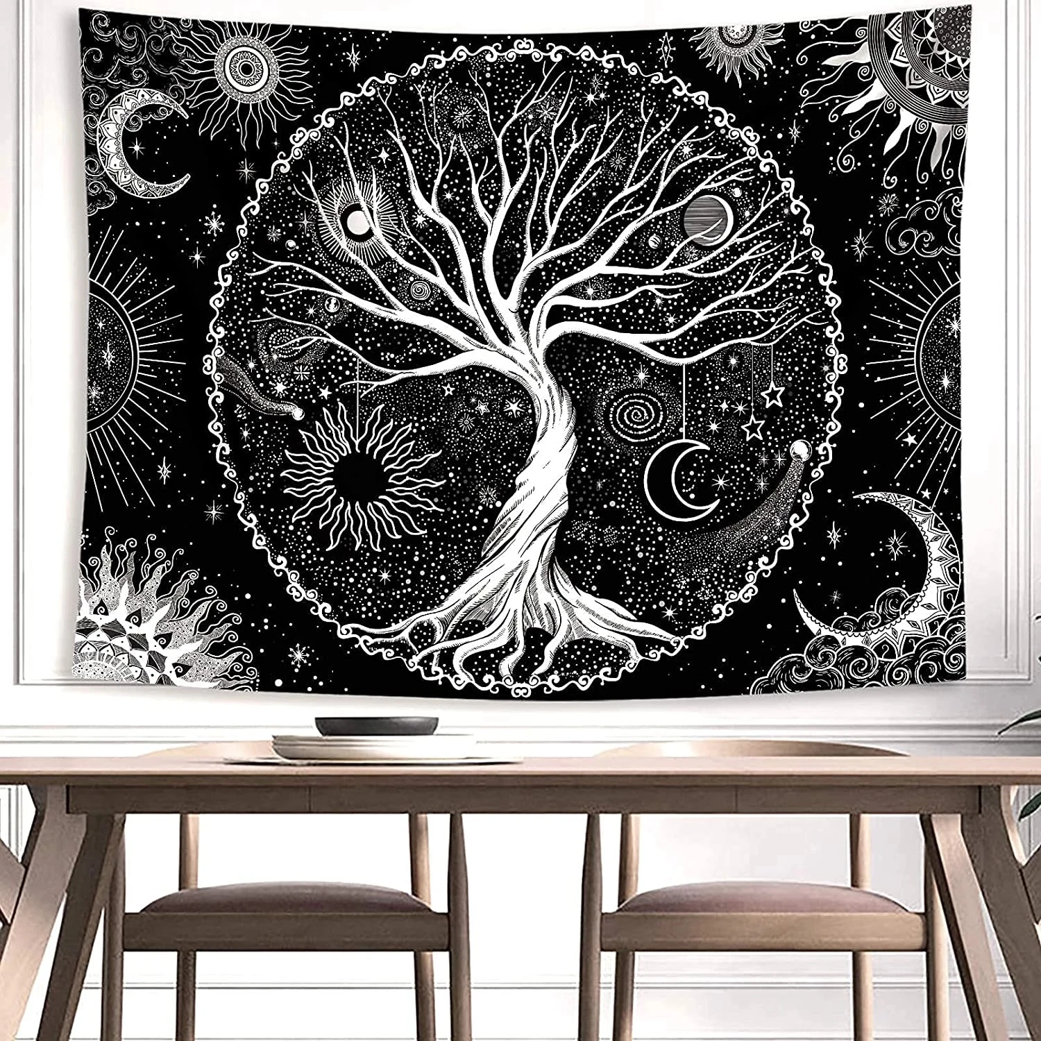 Tree of Life Tapestry Black White Starry Tapisserie Aesthetic Wall