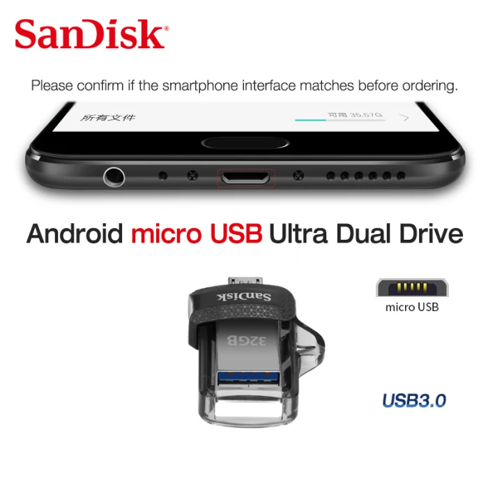 SanDisk SDDD3 флеш-накопитель 64 Гб 128 ГБ 256 ГБ ультра двойной флеш-накопитель Скорость считывания: до 130 МБ/с. 16 Гб оперативной памяти, 32 Гб встроенной памяти, usb-накопитель, карта памяти, 3,1 флеш-накопитель