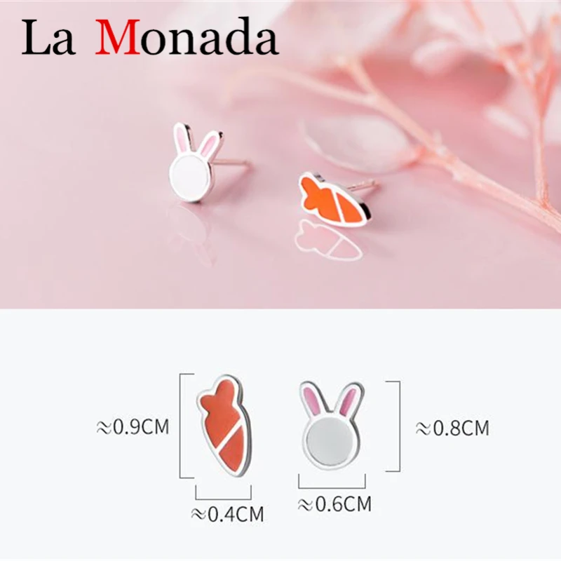 

925 Solid Real Sterling Silver Asymmetrical Animal Rabbit Carrot Stud Earrings Gift For Baby Teen Girls Kids Cute Jewelry