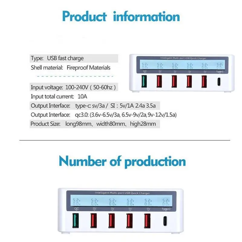 6 портов USB зарядное устройство Быстрая зарядка QC 3,0 SLCD дисплей зарядная станция Док-станция для samsung мобильного телефона+ type-C зарядное устройство концентратор адаптер