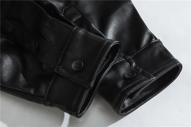 Men Fashion Leather Shirts Loose Oversized Leather Outwear Coats For Couples Black  (6)