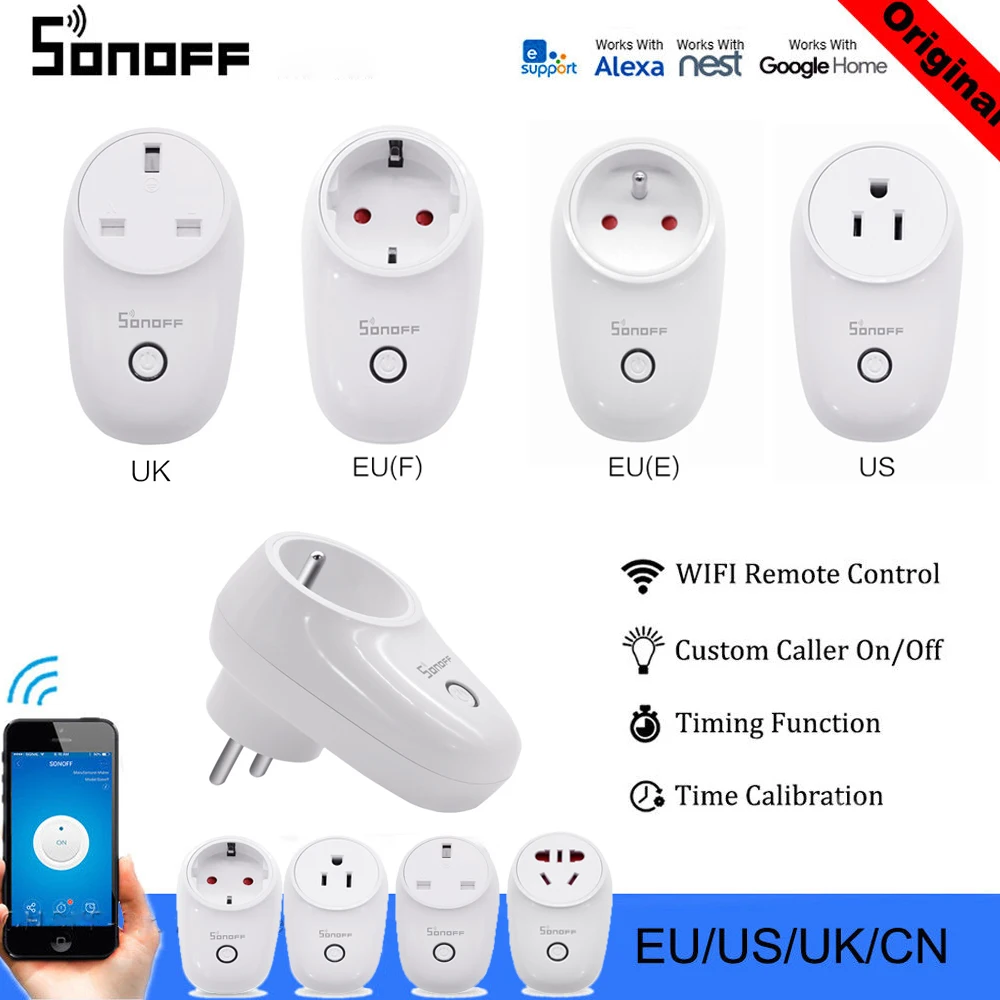 Sonoff S26 умный переключатель Wi-Fi, ЕС, США, Великобритания, AU, CN штекер, умный дом, автоматизация, комплект с дистанционным разъемом, работа с Alexa Google Home eWeLink