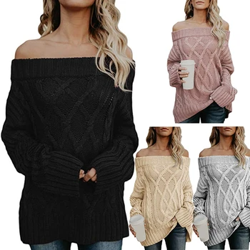 

Autumn Sweater Women Fashion Casual Slim Slash neck Sweaters Solid Color Spring Basic Tops Wild Long Sleeve Pullover
