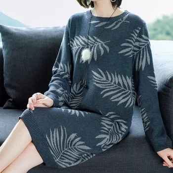 

Women's Leaves Jacquard Loose Knitted Dress Autumn Winter Long Sleeve Sweater Dresses Vestidos 2019 New Plus Size Clothes L3887