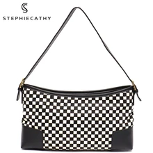 

SC Women Luxury Genuine Leather Shoulder Handbags Horsehair Checkerboard Hobo Female Vintage Underarm Bags Crossbody Purses