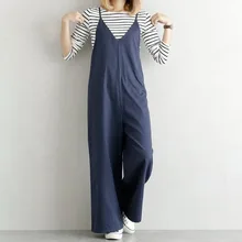 Loose Wide Legs Sling Jumpsuit Women Plain Pullover Elegant Long Rompers Korean Causal Playsuits Blue/Green Minimalist